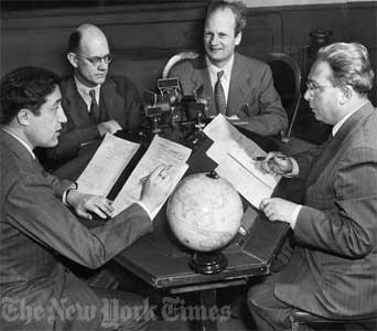 Left to right: Drs. Harrison Brown, Fredrick Seitz, Hans Bethe, and Leo Szilard. 