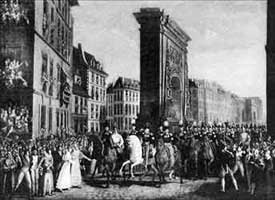 The victorious Allies entered Paris in March 1814, led by Tsar Alexander. 