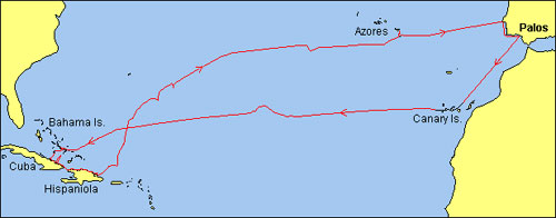 The route of the first voyage of discovery. Columbus knew how to take the guesswork out of sailing the broad ocean. 