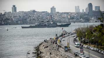 USS Donald Cook sailing through the Bosphorus in Istanbul, Turkey, on April 10, 2014, en route to the Black Sea. 